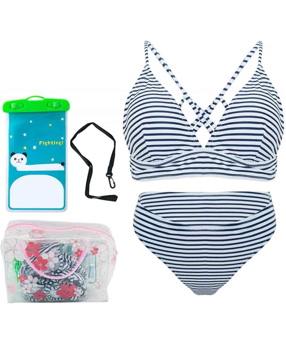 Sets Women Stripe Printing Bikini Set Comfotable Swimsuit with Mobile Waterproof Case and Handbag for Women Girls - CM199MXDI6W