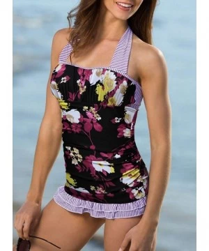 Tankinis Women's Open Back Ruched Halter Top Shorts Tankini Set Printed Stripe Stitching Swimsuit - Purple - CM1907WZISX