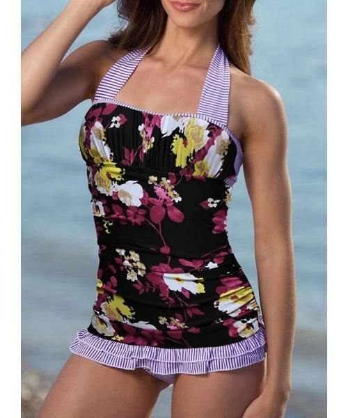 Tankinis Women's Open Back Ruched Halter Top Shorts Tankini Set Printed Stripe Stitching Swimsuit - Purple - CM1907WZISX