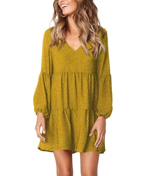 Cover-Ups Women Summer Tunic Dress V Neck Casual Loose Flowy Swing Shift Dresses - B Polka Dot Yellow - CN18AQURK04