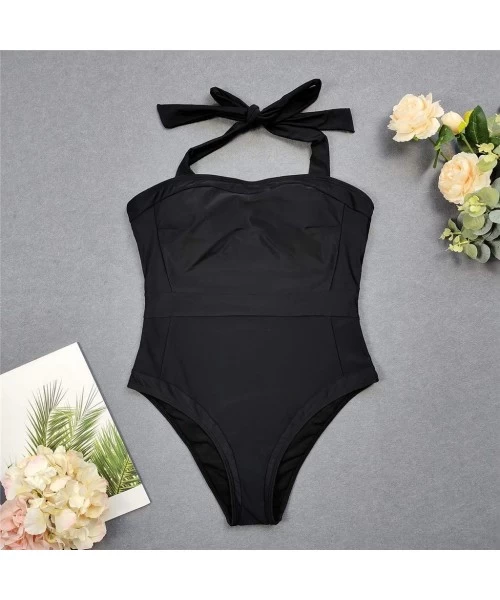 One-Pieces Women's Stripe Deep V Neck Plunging One-Piece Swimsuit Beach Swimwear Bathing Suit - Black - CZ1966A4EN2