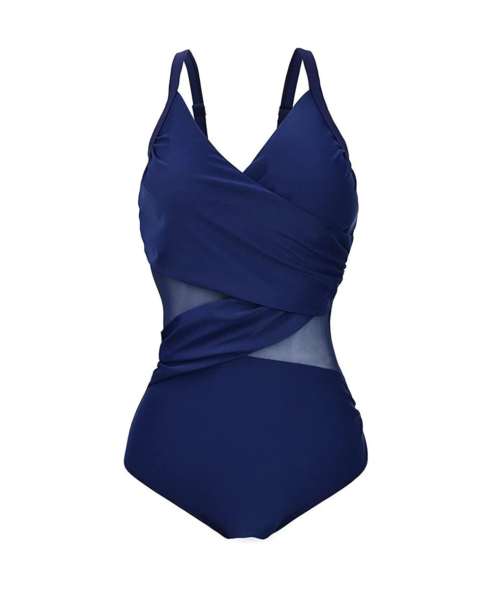 One-Pieces Women's One Piece Swimsuit V Neck Swimwear Mesh Monokini Adjustable Strap - Navy Blue - CD12O0MY4II