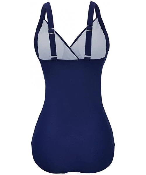 One-Pieces Women's One Piece Swimsuit V Neck Swimwear Mesh Monokini Adjustable Strap - Navy Blue - CD12O0MY4II