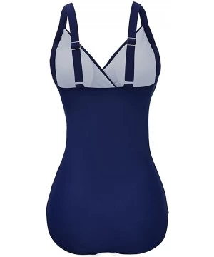 One-Pieces Women's One Piece Swimsuit V Neck Swimwear Mesh Monokini Adjustable Strap - Navy Blue - CD12O0MY4II