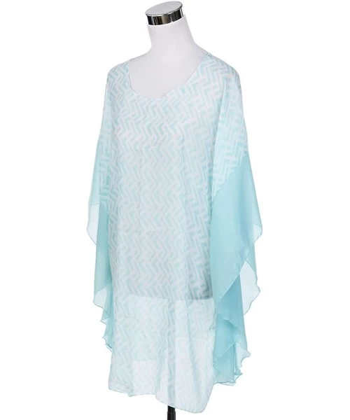 Cover-Ups Chiffon Geometric Sheer Kimono Wrap Blouse Poncho Beach Cover Up - Light Blue - C812EMWAVKL