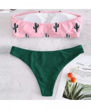 Sets Swimsuits for Women Tummy Control Two Piece-Women's Strapless Cactus Print High Cut Bandeau Bikini Set Bathing Suits - P...