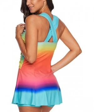 Racing Womens Color Block Rainbow Tankini Swim Dress Two Pieces Swimsuits with Shorts - Lblue-4 - CD18N75I4X5