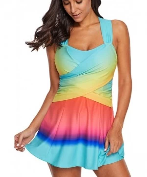 Racing Womens Color Block Rainbow Tankini Swim Dress Two Pieces Swimsuits with Shorts - Lblue-4 - CD18N75I4X5