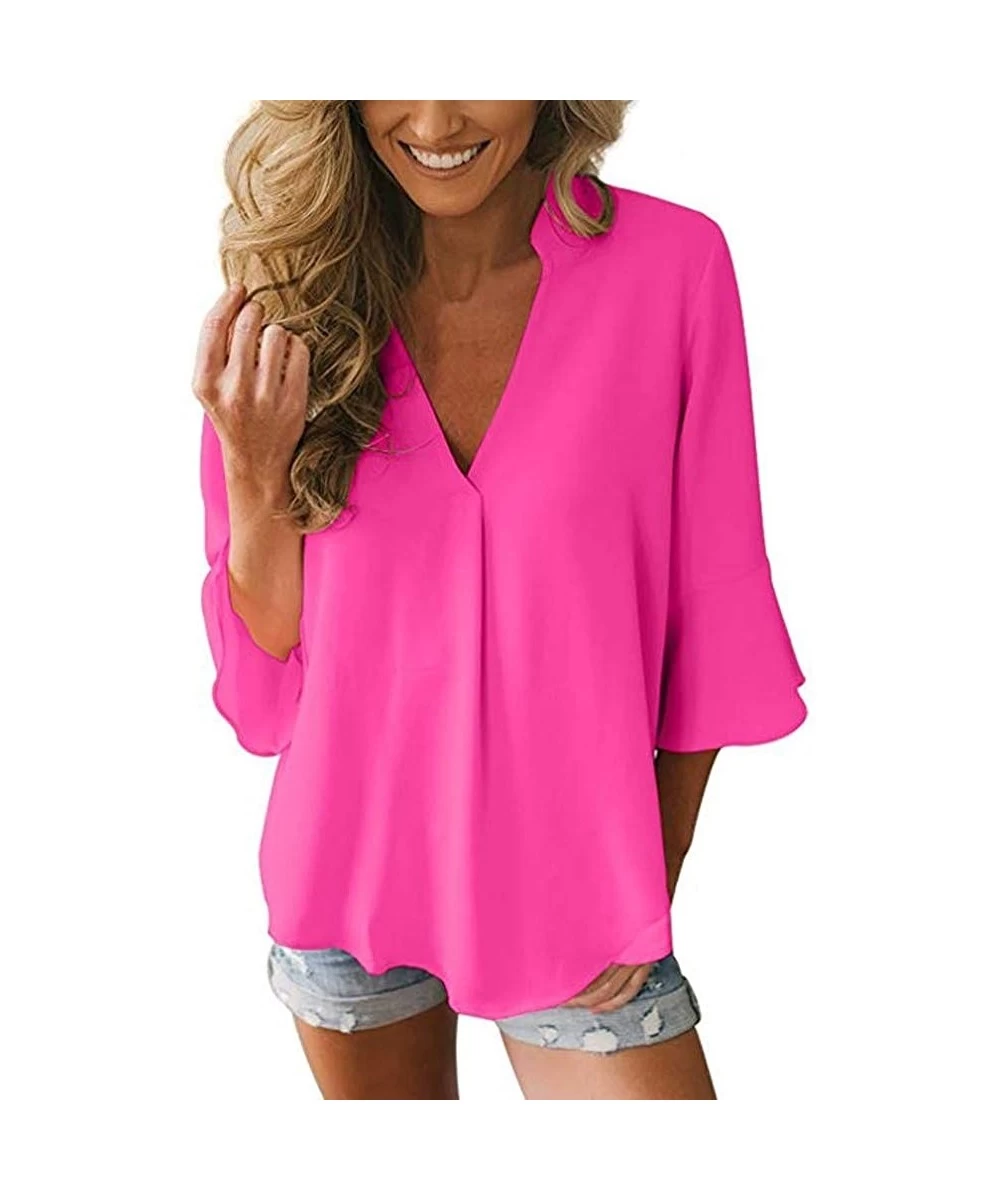 Rash Guards Womens Solid Long Sleeve V-Neck Fancy Tie Chiffon Office Shirt Elegant Tops - B Hot Pink - C018YYR6A7U