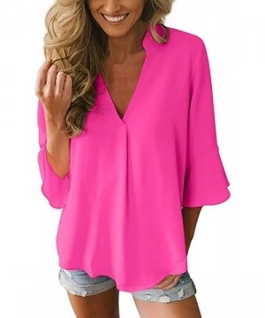 Rash Guards Womens Solid Long Sleeve V-Neck Fancy Tie Chiffon Office Shirt Elegant Tops - B Hot Pink - C018YYR6A7U