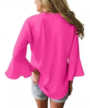 Rash Guards Womens Solid Long Sleeve V-Neck Fancy Tie Chiffon Office Shirt Elegant Tops - B Hot Pink - C018YYR6A7U