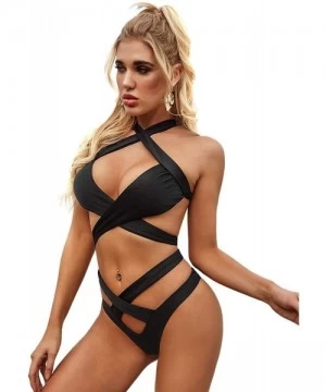 Sets Women's Criss Cross Halter Top Bikini Set Push Up Two Piece Swimsuits - Black-1 - C7194XIIIYX