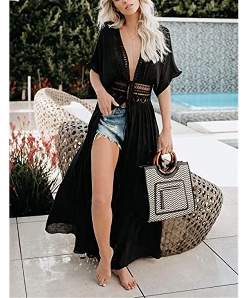 Cover-Ups Womens Bikini Cover Ups Beach Casual Dress Coverup Swimsuits Long Cardigan Tied Rope - Black - CR19CSTEMOW