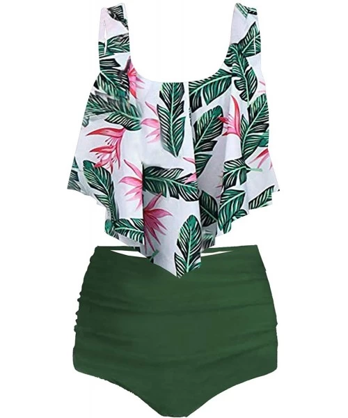 Sets High Waisted Swimsuit Ruffled Floral Two Piece Bathing Suit - Green Leaf Printed - CG199CGMT30