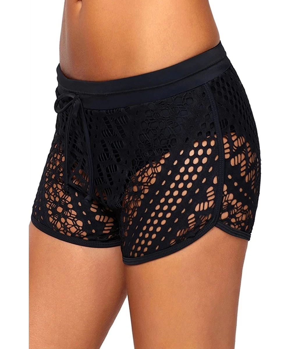 Board Shorts Women's Beach Board Shorts Lace Crochet Tankini Swim Shorts Swimsuit Bottoms - Black Lace - CE18Q8AH055