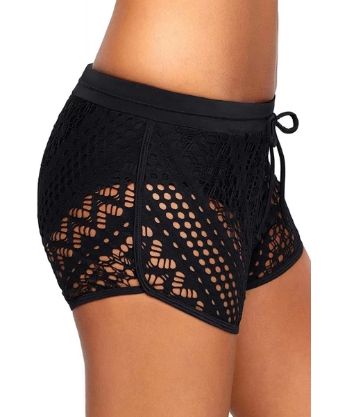 Board Shorts Women's Beach Board Shorts Lace Crochet Tankini Swim Shorts Swimsuit Bottoms - Black Lace - CE18Q8AH055