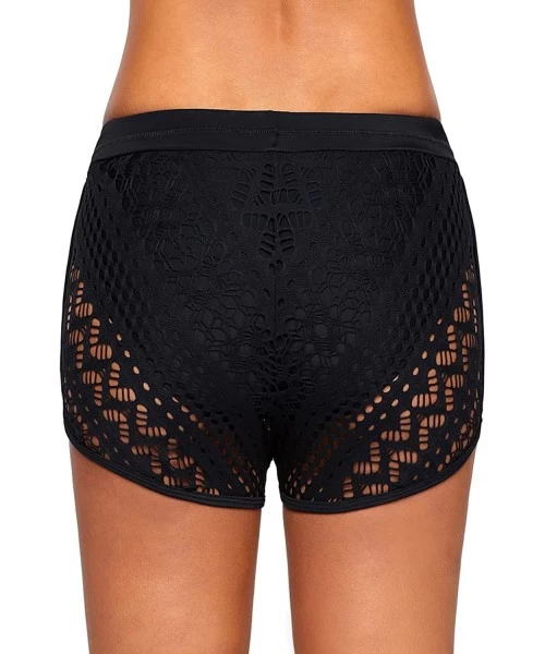 Board Shorts Women's Beach Board Shorts Lace Crochet Tankini Swim Shorts Swimsuit Bottoms - Black Lace - CE18Q8AH055