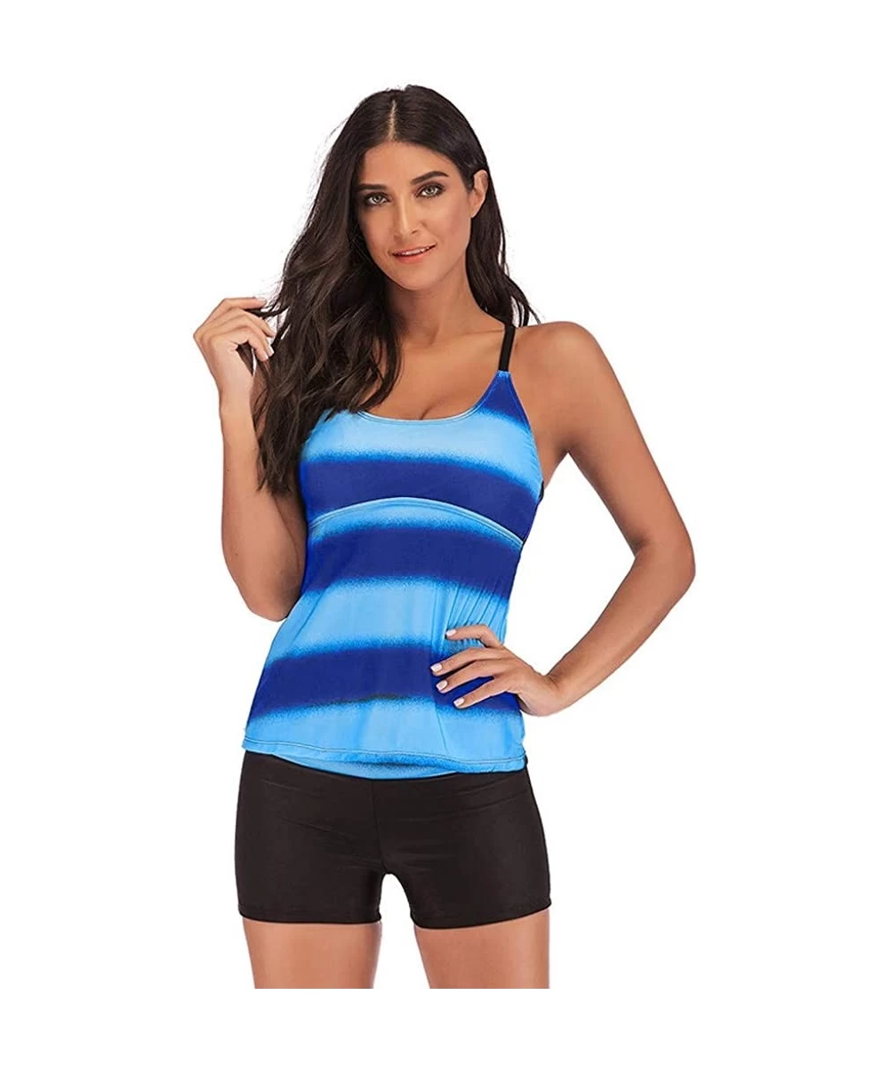 One-Pieces Swimsuit Criss Cross Tankini Boyshort Color Block Two Piece Bathing Suit Strapless Swimsuit - Dark Blue - C5194CWM6S4