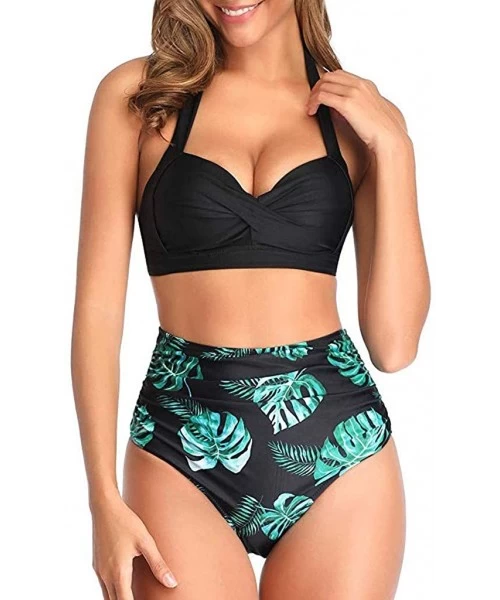 Sets Swimsuits for Women- Women Vintage Swimsuit Two Piece Retro Halter Ruched High Waist Bikini Set - Zz-green - CD1960XO92H