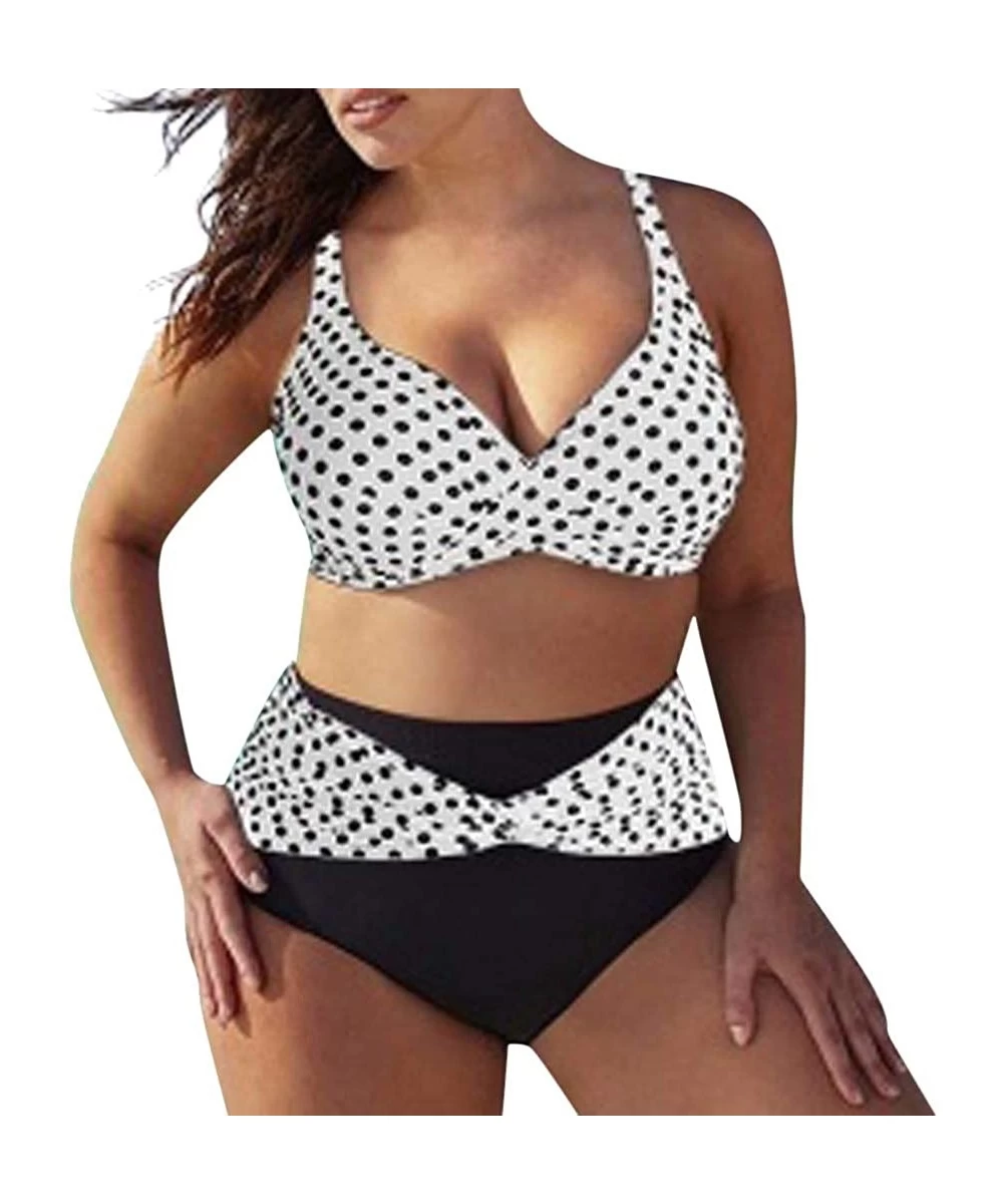 Bottoms Plus Size Swimsuits for Women Two Piece Tummy Control High Waisted Ploka Dot Bathing Suits Tankini Bikini Set White -...