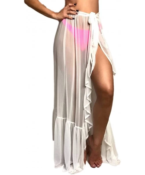 Cover-Ups Sexy Women See-Through Maxi Skirt Slit Sheer Mesh Maxi Skirt Dress Clubwear Bikini Cover Up - B-white - CI194NAL244