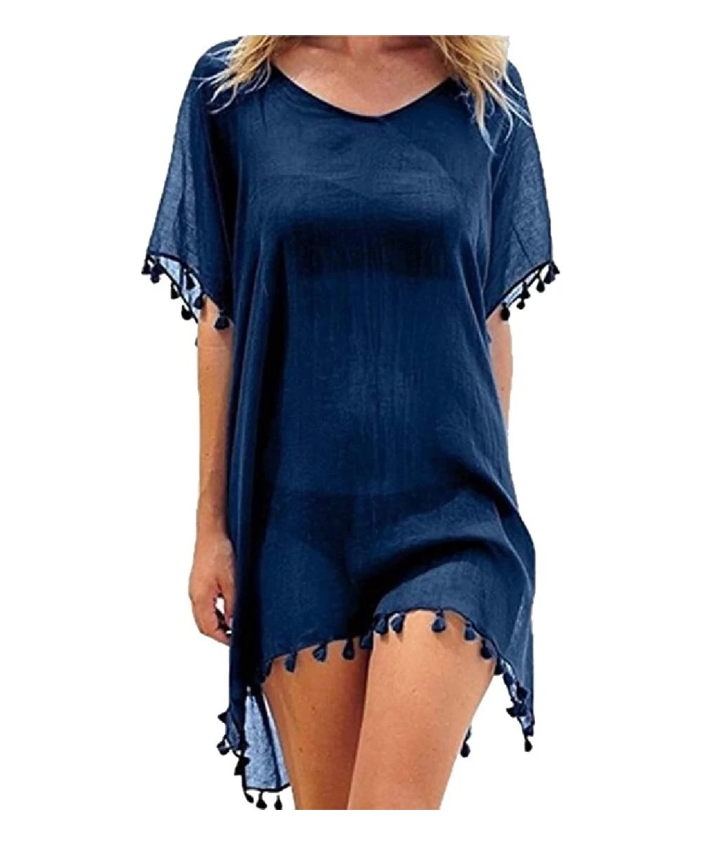 Cover-Ups Women's Swimsuits Beach Dress Mini Fringed Kaftan Chiffon Top Coverups - Navy Blue - CE190LORXG5