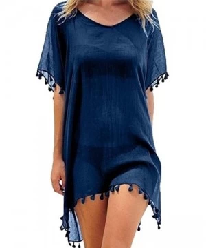 Cover-Ups Women's Swimsuits Beach Dress Mini Fringed Kaftan Chiffon Top Coverups - Navy Blue - CE190LORXG5