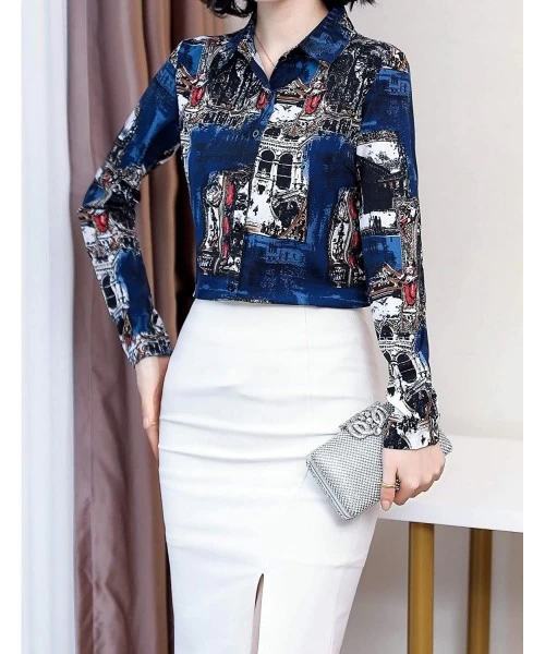 Sets Women's Collared Paisley-Inspired Shirt Long Sleeve Button up Casual Blouse Top - Color7801 - CC18Q97ZTDC