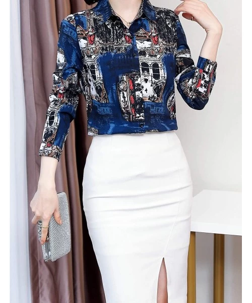 Sets Women's Collared Paisley-Inspired Shirt Long Sleeve Button up Casual Blouse Top - Color7801 - CC18Q97ZTDC