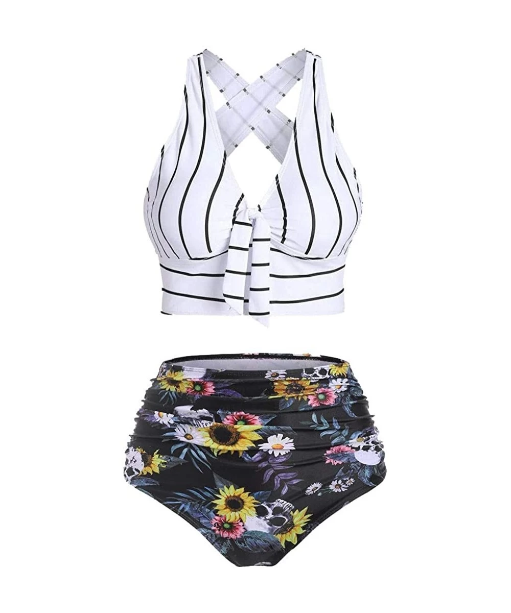 Sets Women's Striped Sunflower Print Push-Up Padded Plus Size Overlay Bikini Swimsuit Beachwear - C White - CN199XCOXK9