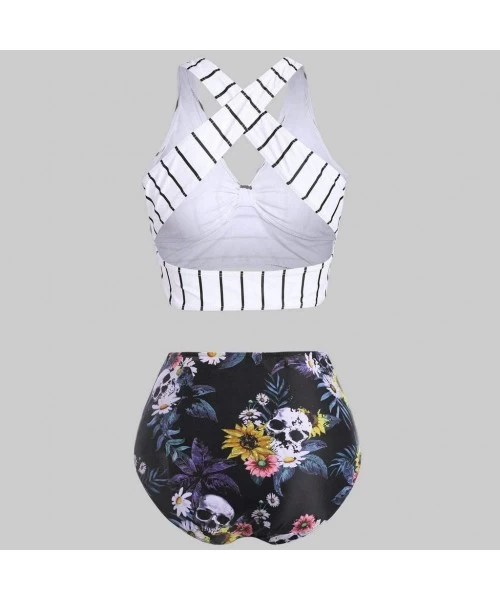 Sets Women's Striped Sunflower Print Push-Up Padded Plus Size Overlay Bikini Swimsuit Beachwear - C White - CN199XCOXK9