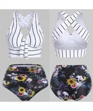 Sets Women's Striped Sunflower Print Push-Up Padded Plus Size Overlay Bikini Swimsuit Beachwear - C White - CN199XCOXK9