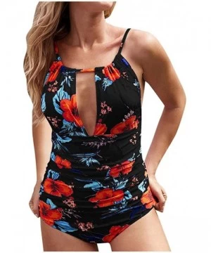 One-Pieces Swimsuits for Women One Piece-Women's One-Piece Swimsuit Tropical Print Tummy Control Plus Size Swimwear Halter Ba...