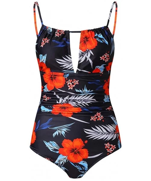 One-Pieces Swimsuits for Women One Piece-Women's One-Piece Swimsuit Tropical Print Tummy Control Plus Size Swimwear Halter Ba...