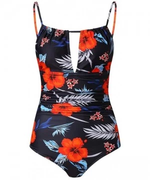 One-Pieces Swimsuits for Women One Piece-Women's One-Piece Swimsuit Tropical Print Tummy Control Plus Size Swimwear Halter Ba...