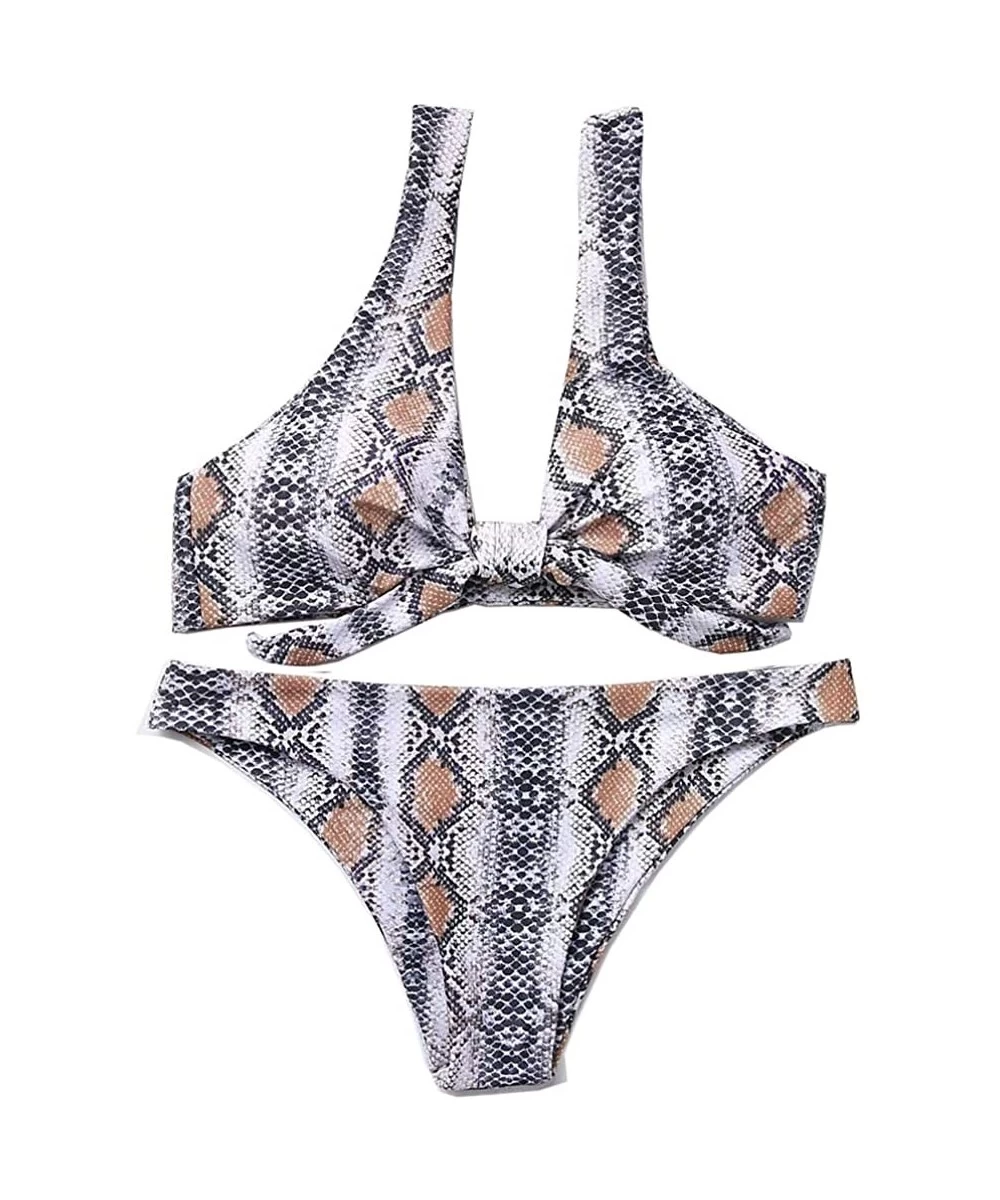 Sets Front Tie Knot Bikini Set Cheeky Low Scoop Swimwear High Cut Bow Swimsuit Snakeskin Print Bathing Suits for Women White ...