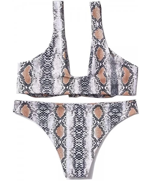 Sets Front Tie Knot Bikini Set Cheeky Low Scoop Swimwear High Cut Bow Swimsuit Snakeskin Print Bathing Suits for Women White ...