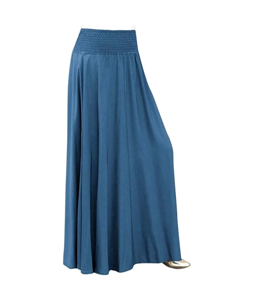 Cover-Ups Elastic High Waist Pleated Skirt Flare Solid Color A Line Shirring Casual Long Skirt Beach - Blue - C0194CMI3M6