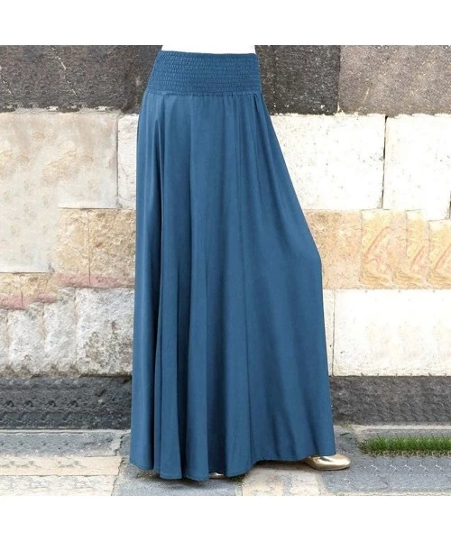 Cover-Ups Elastic High Waist Pleated Skirt Flare Solid Color A Line Shirring Casual Long Skirt Beach - Blue - C0194CMI3M6