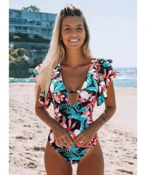 One-Pieces One Piece Flounce Swimsuit Ladies Ruffle Deep V Neck Floral Print Plunging Bathing Suit Monokini - Print15 - CI198...