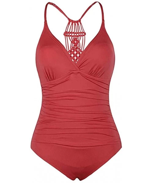 One-Pieces Women's Shirred Halter One Piece Swimsuits Macrame Back Swimwear Tummy Control Bathing Suit - Pink - CV18Q2A6X08