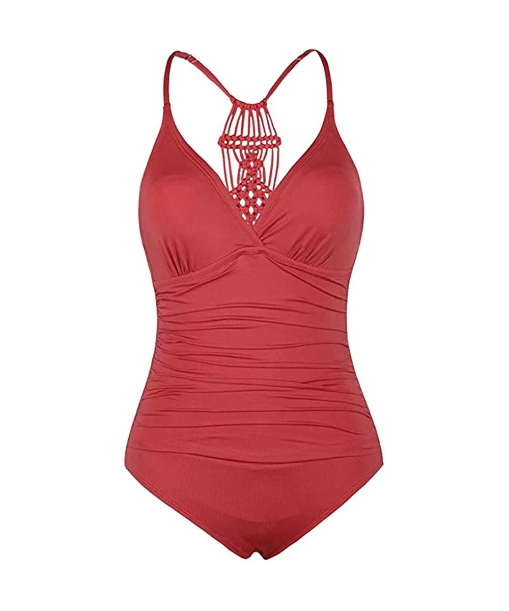 One-Pieces Women's Shirred Halter One Piece Swimsuits Macrame Back Swimwear Tummy Control Bathing Suit - Pink - CV18Q2A6X08