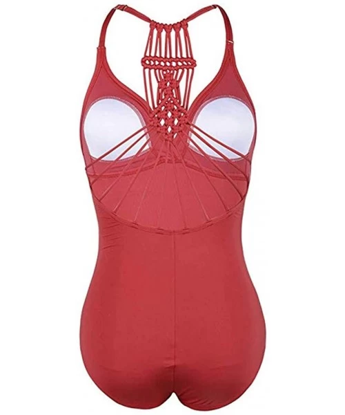 One-Pieces Women's Shirred Halter One Piece Swimsuits Macrame Back Swimwear Tummy Control Bathing Suit - Pink - CV18Q2A6X08