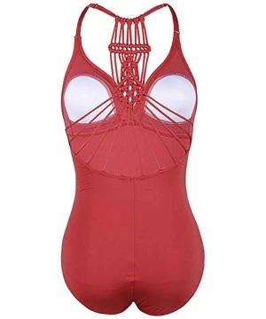 One-Pieces Women's Shirred Halter One Piece Swimsuits Macrame Back Swimwear Tummy Control Bathing Suit - Pink - CV18Q2A6X08