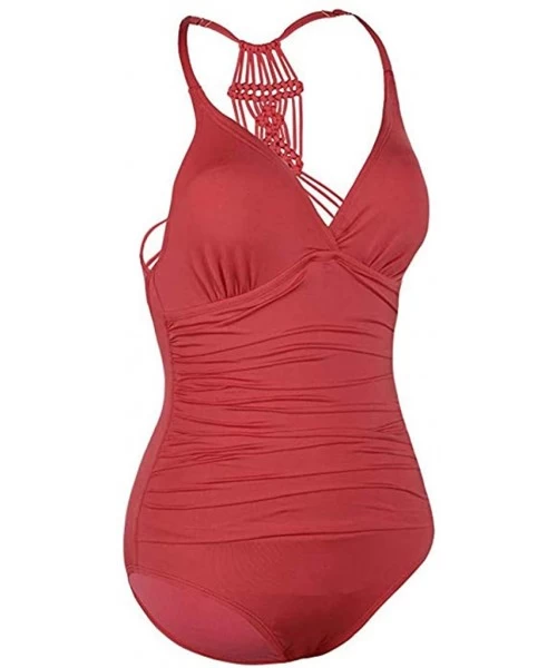 One-Pieces Women's Shirred Halter One Piece Swimsuits Macrame Back Swimwear Tummy Control Bathing Suit - Pink - CV18Q2A6X08