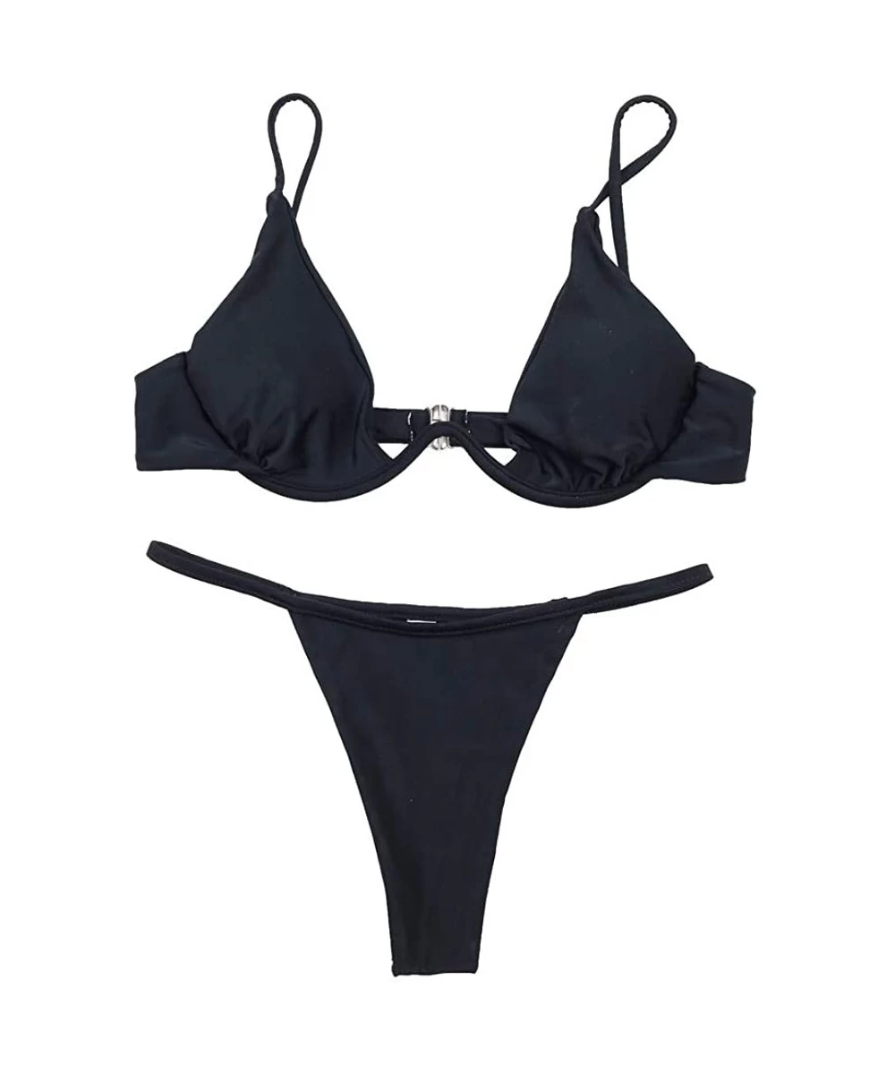 Sets Womens Sexy Triangle Two-Piece Swimsuit- Solid Color Thicken Thong Set - Black - CO18W2D87EI