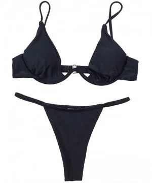 Sets Womens Sexy Triangle Two-Piece Swimsuit- Solid Color Thicken Thong Set - Black - CO18W2D87EI