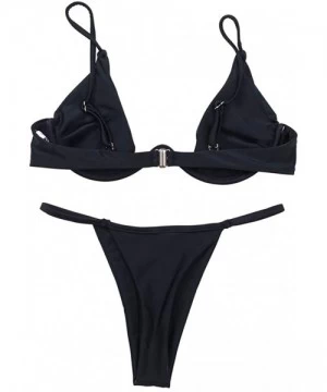 Sets Womens Sexy Triangle Two-Piece Swimsuit- Solid Color Thicken Thong Set - Black - CO18W2D87EI