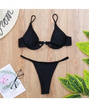 Sets Womens Sexy Triangle Two-Piece Swimsuit- Solid Color Thicken Thong Set - Black - CO18W2D87EI