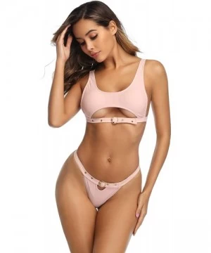 Bottoms High Neck Bikini Brazilian Bikinis Sexy Swimsuits for Women High Cut Bathing Suit Women Belt Swimwear Pink - Pink - C...